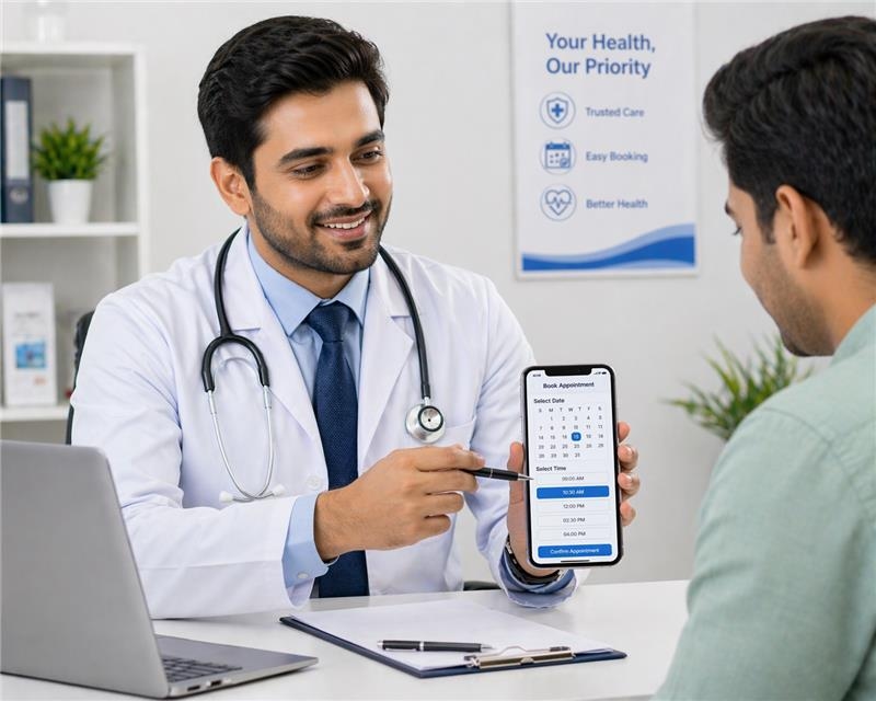 Doctor showing appointment booking on a phone to a patient